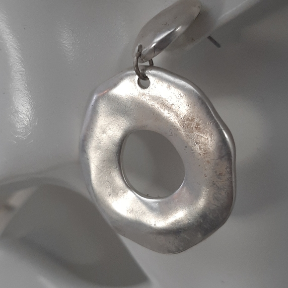 Large Contemporary Silver Metal Flat Hoop Earrings - Picture 2 of 3